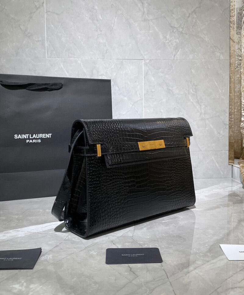 Saint Laurent Manhattan Shoulder Bag In Crocodile-embossed Shiny Leather 579271 Black